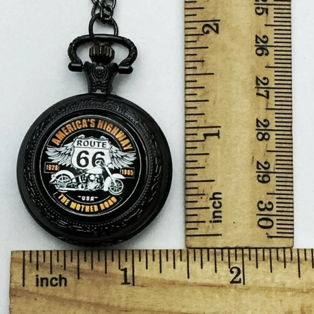 Steampunk Pocket Watch Motorcycle RT 66 Biker Chain Quartz Analog Gift NWT Black